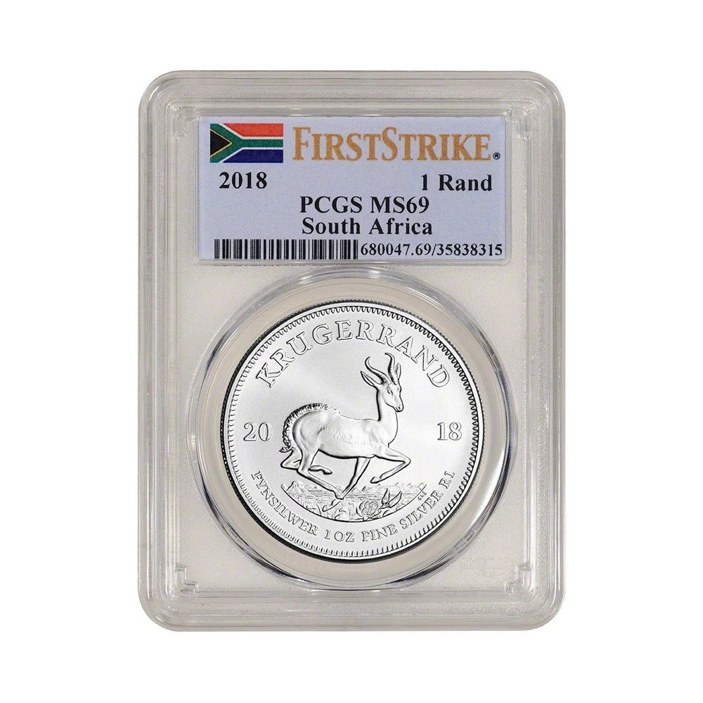 Moneda Krugerrand de plata de Sudáfrica 2018 de 1 oz, 1 Rand MS69 PCGS - Primera acuñación-2
