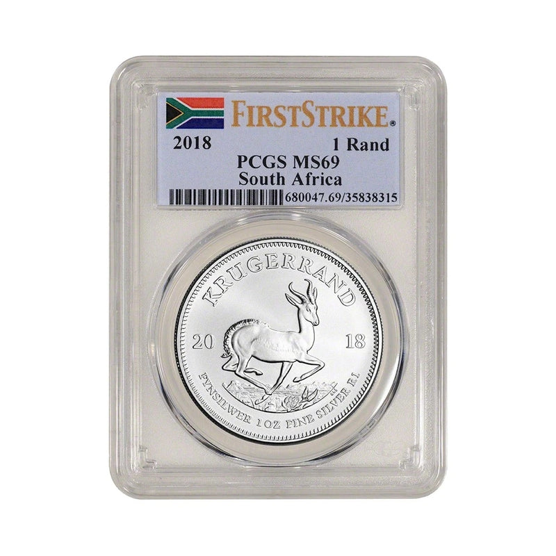 Moneda Krugerrand de plata de Sudáfrica 2018 de 1 oz, 1 Rand MS69 PCGS - Primera acuñación-2