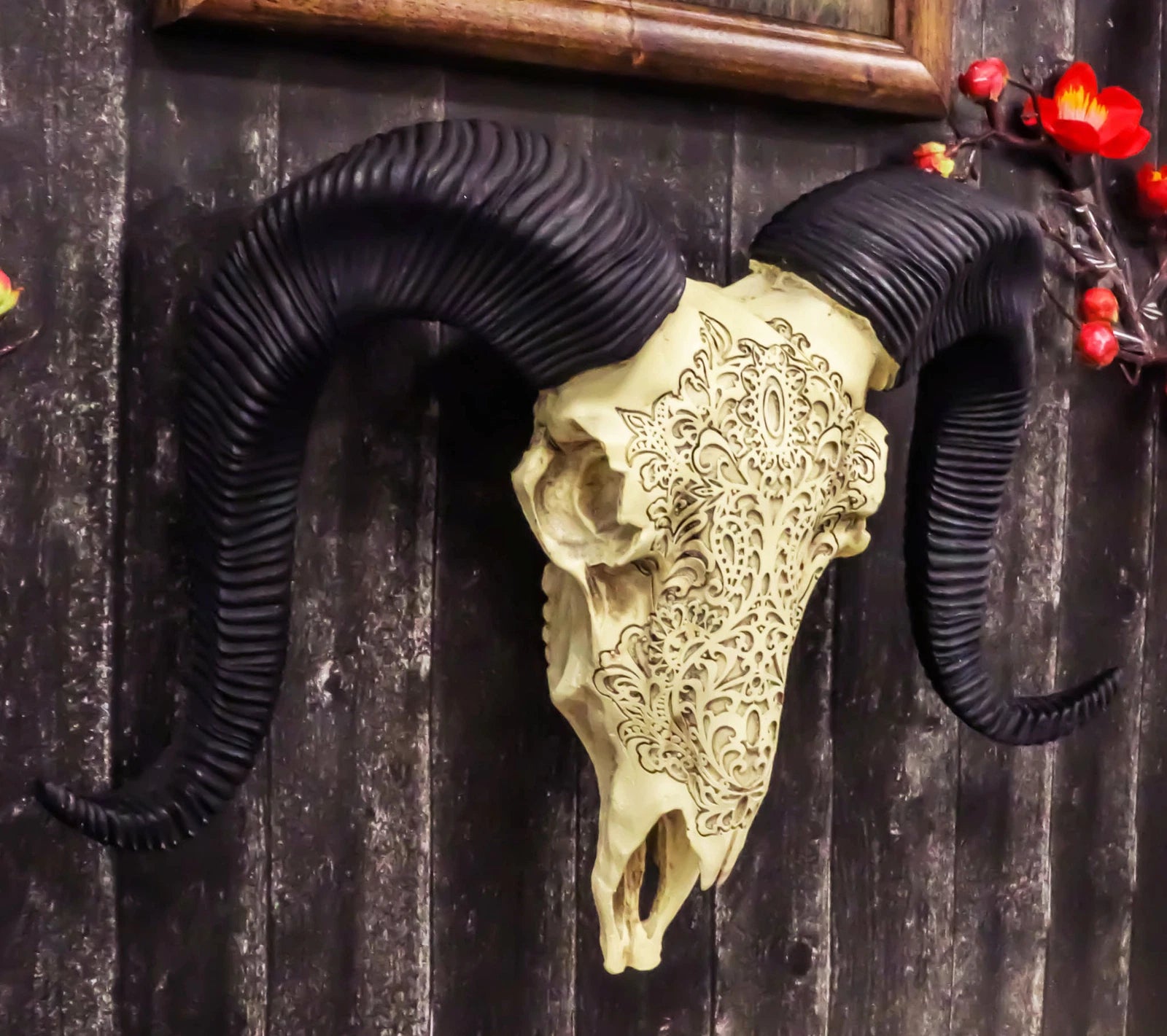 Tribal Floral Vines Tooled Filigree Corsican Ram Cow Skull Wall Decor Plaque-1