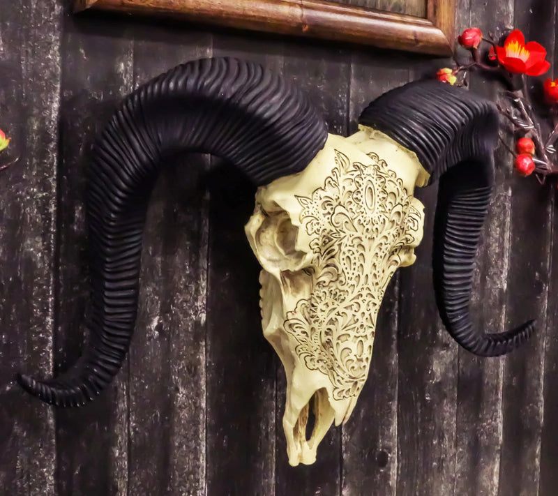 Tribal Floral Vines Tooled Filigree Corsican Ram Cow Skull Wall Decor Plaque-1