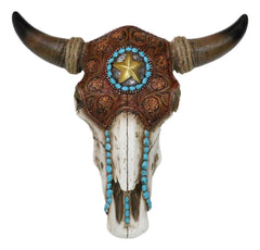 Western Star Tooled Leather Steer Bison Buffalo Bull Cow Horned Skull Wall Decor-4