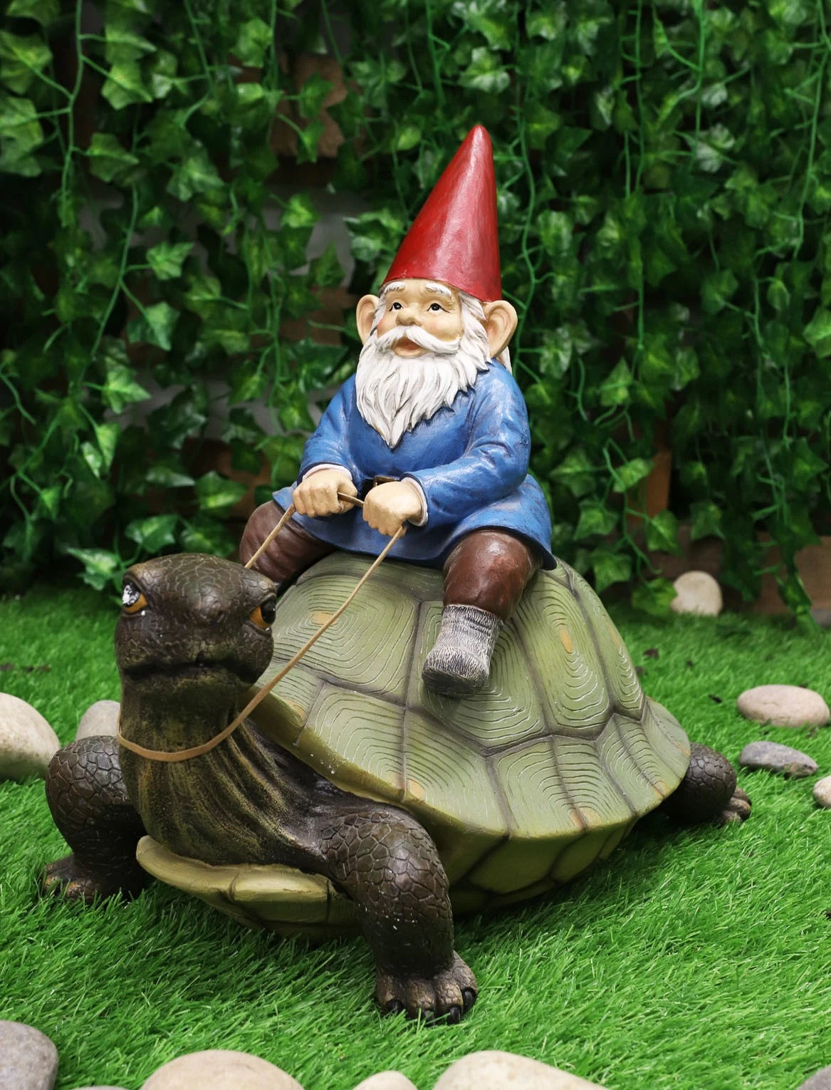 Large Whimsical Mr. Gnome Riding Giant Turtle Garden Statue 17.25" L-3