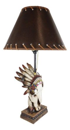 Western Cow Skull with Tribal Indian Chief Feathers Roach Headdress Table Lamp-3