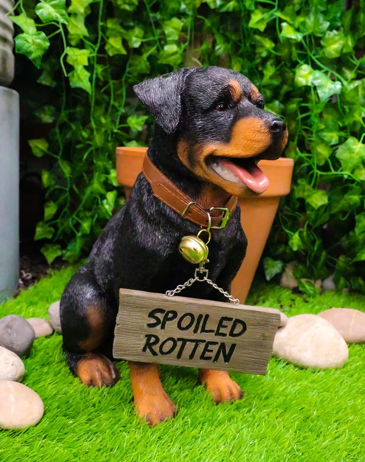 Guest Welcome Realistic Rottweiler Dog With Jingle Collar Sign Decor Statue 13"H-3