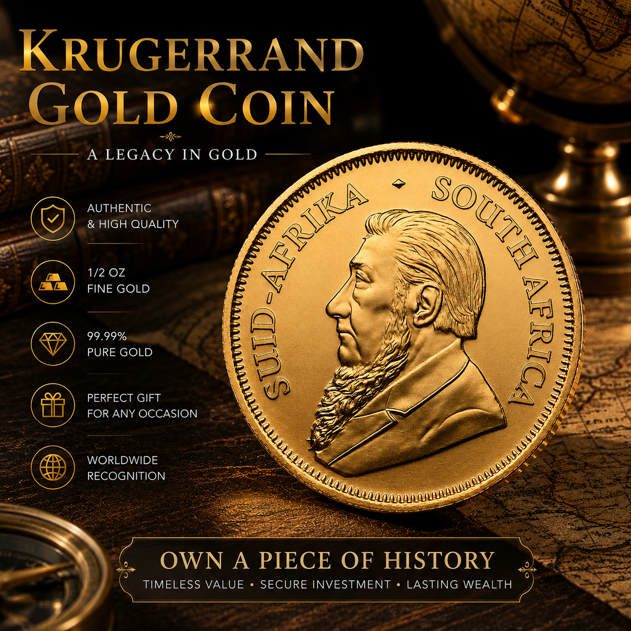 1/2 oz South African Gold Krugerrand Coin, Random Year Fine Gold Bullion, Precious Metal Investment Collectible-1
