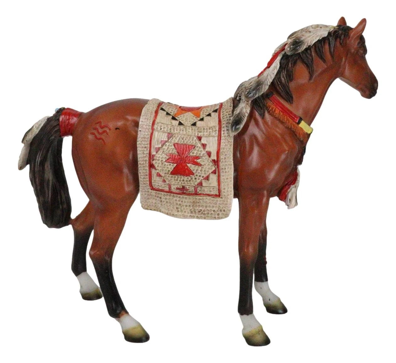 Estatua artesanal de caballo espiritual con sillín tapizado pintado, 24 cm de largo-3