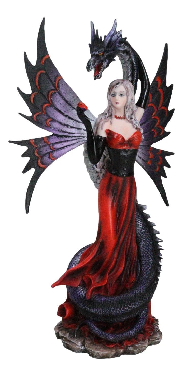 Fantasy Red Gowned Gothic Rose Fairy With Black Grendel Volcano Dragon Figurine-2