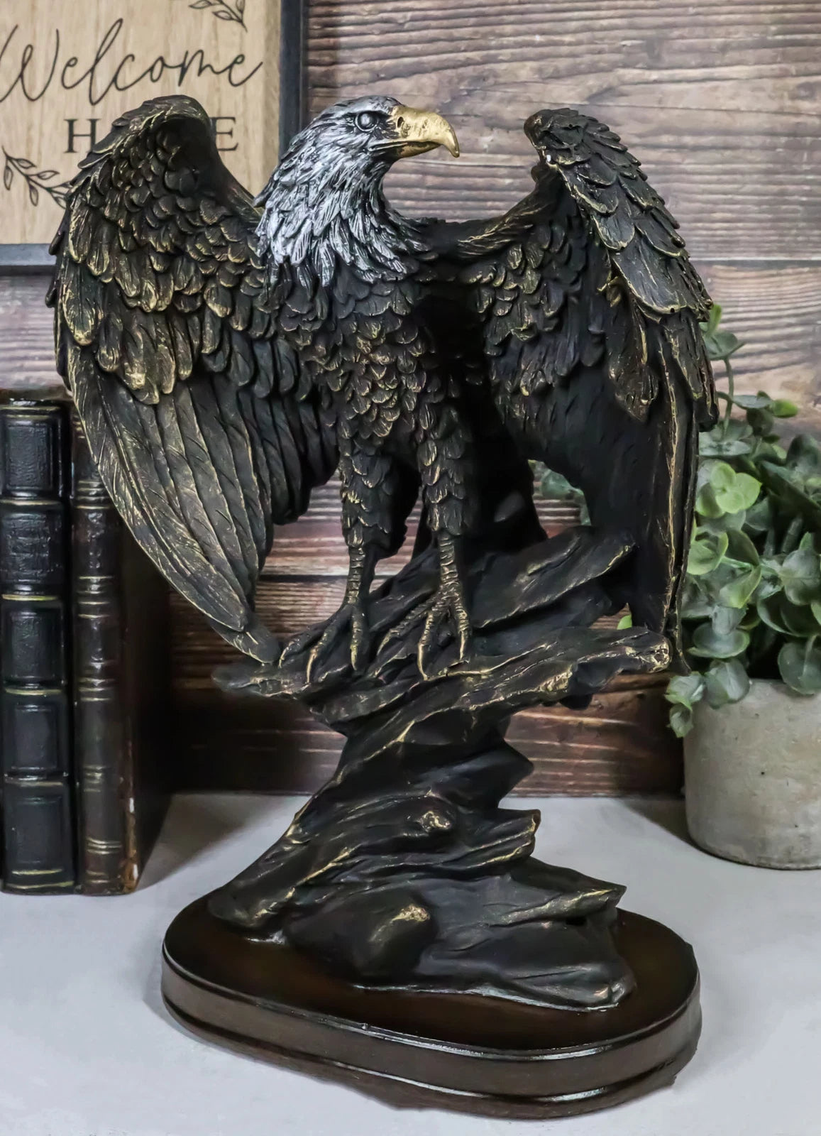 American Patriotic Large Bald Eagle Perched On Rocky Cliff Resin Figurine 10"H-2
