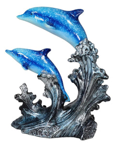 Nautical Marine Sea Ocean 2 Blue Dolphins Swimming Over Reef Waves Figurine-2