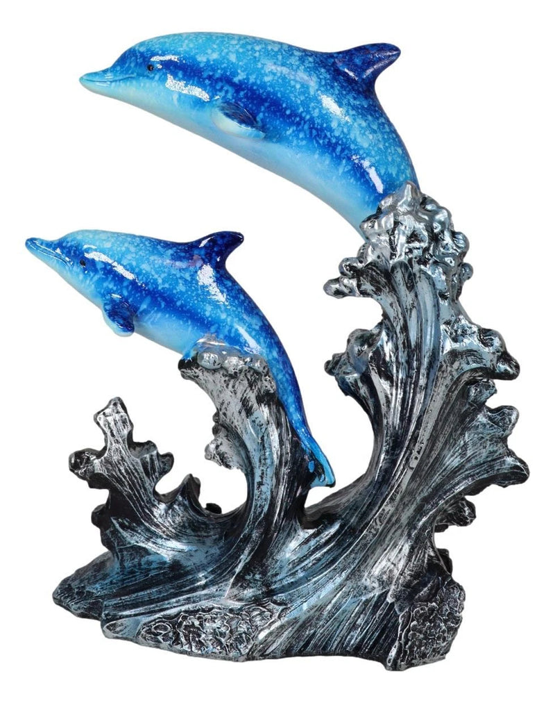 Nautical Marine Sea Ocean 2 Blue Dolphins Swimming Over Reef Waves Figurine-2