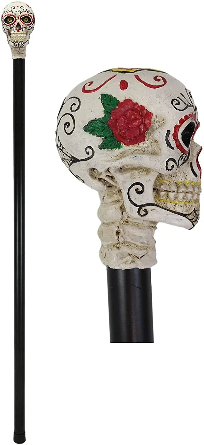 White Colorful Day Of The Dead Skull Prop Accessory Walking Cane For Parties-4