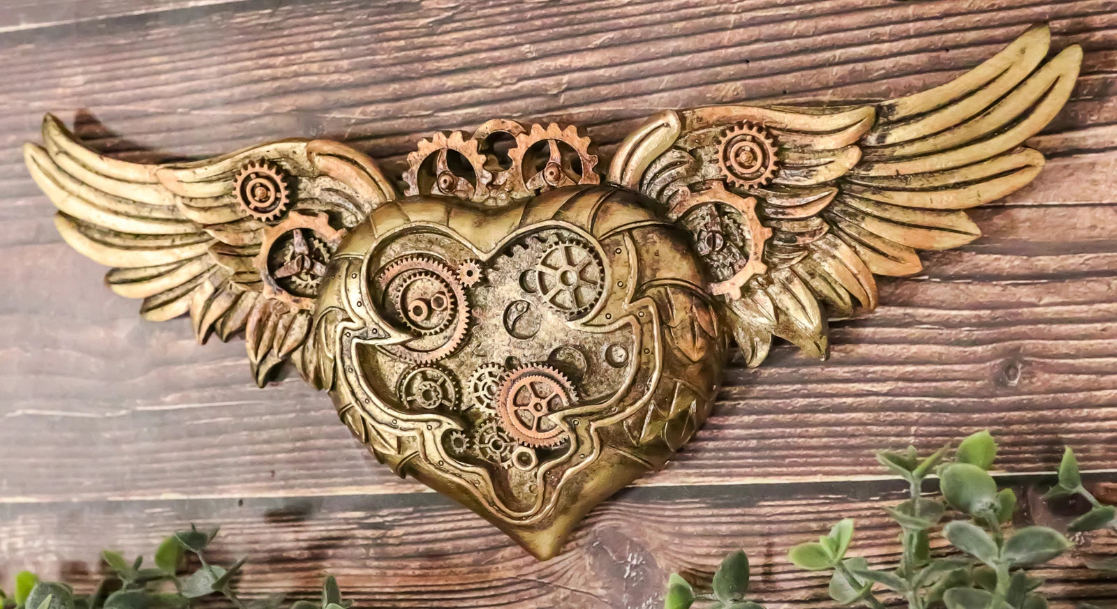 Steampunk Romantic Angel Winged Heart Clockwork And Gearwork Wall Plaque Decor-1