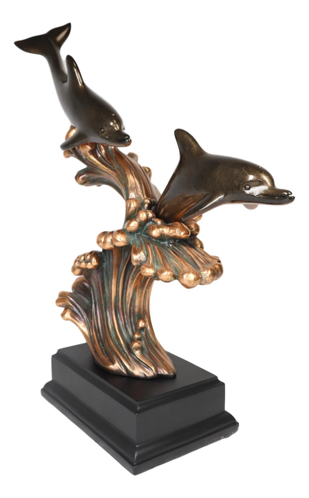 Nautical 2 Dolphins Surfing Ocean Waves Electroplated Bronze Resin Statue-5