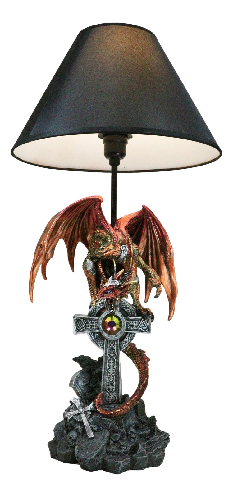 Red Gold Armored Dragon On Celtic Knotwork High Cross With Crystal Table Lamp-6