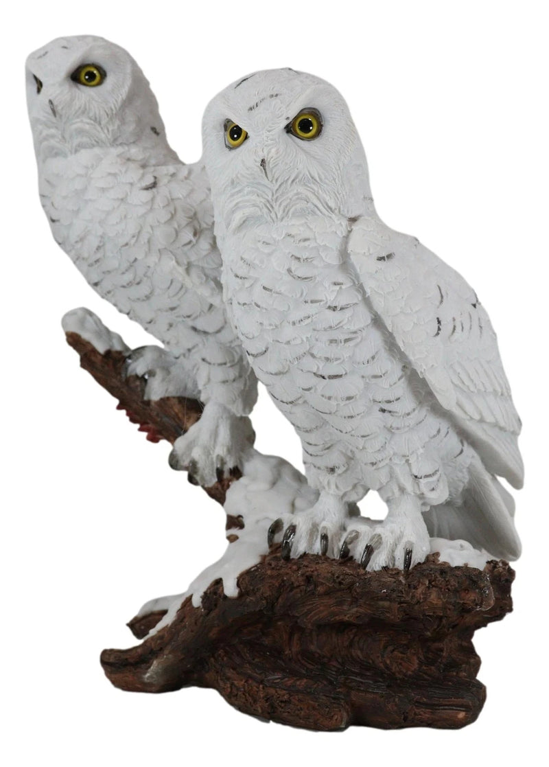 Mystical Two White Snowy Owl Couple Perching On Tree Branch Statue 12.25"Tall-2