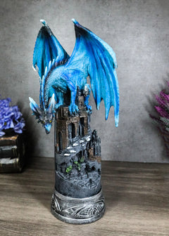 Blue Elemental Ice Dragon Perching On Medieval Stonewall Castle Tower Figurine-1
