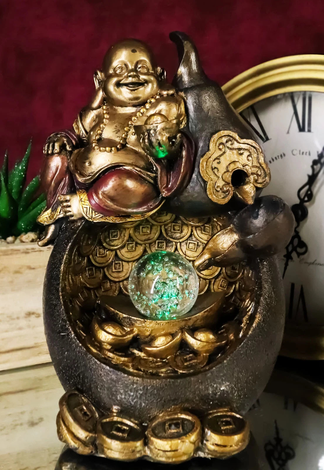 Happy Buddha Hotei Seated On Wine Gourd Backflow Incense Burner LED Light Statue-3