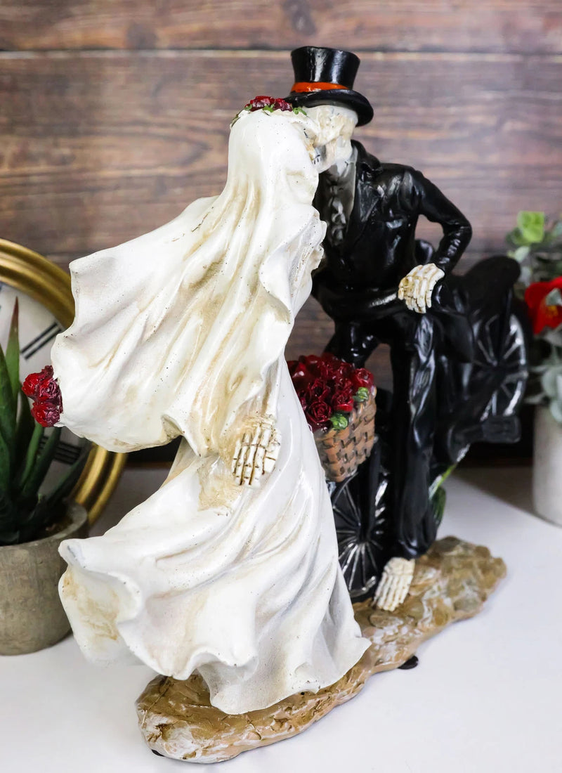 Love Never Dies Skeleton Bridal Couple Kissing On Bicycle W Rose Basket Figurine-2