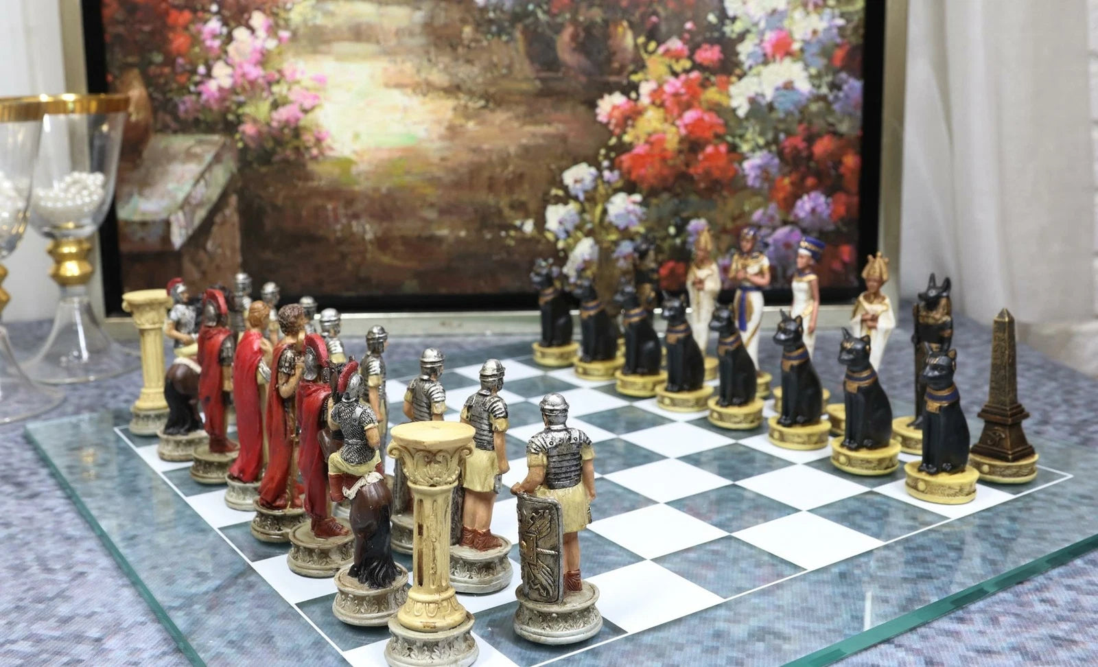 Pharaoh Egyptian VS Caesar Roman Empire Resin Chess Pieces W/ Glass Board