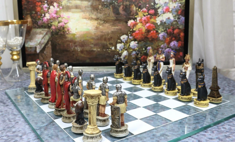 Pharaoh Egyptian VS Caesar Roman Empire Resin Chess Pieces W/ Glass Board-1