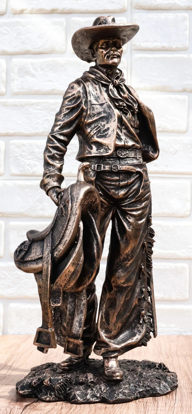 Old World Rustic Western Cowboy Holding Horse Saddle and Rifle Gun Statue 12"H-2