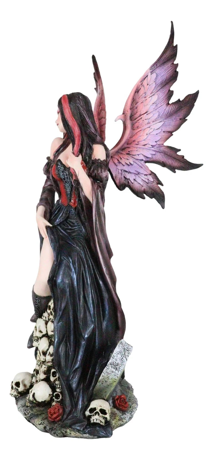 Black Sorceress Skulls Fairy with Red Rose Standing On Tombstone Figurine 15"H-7