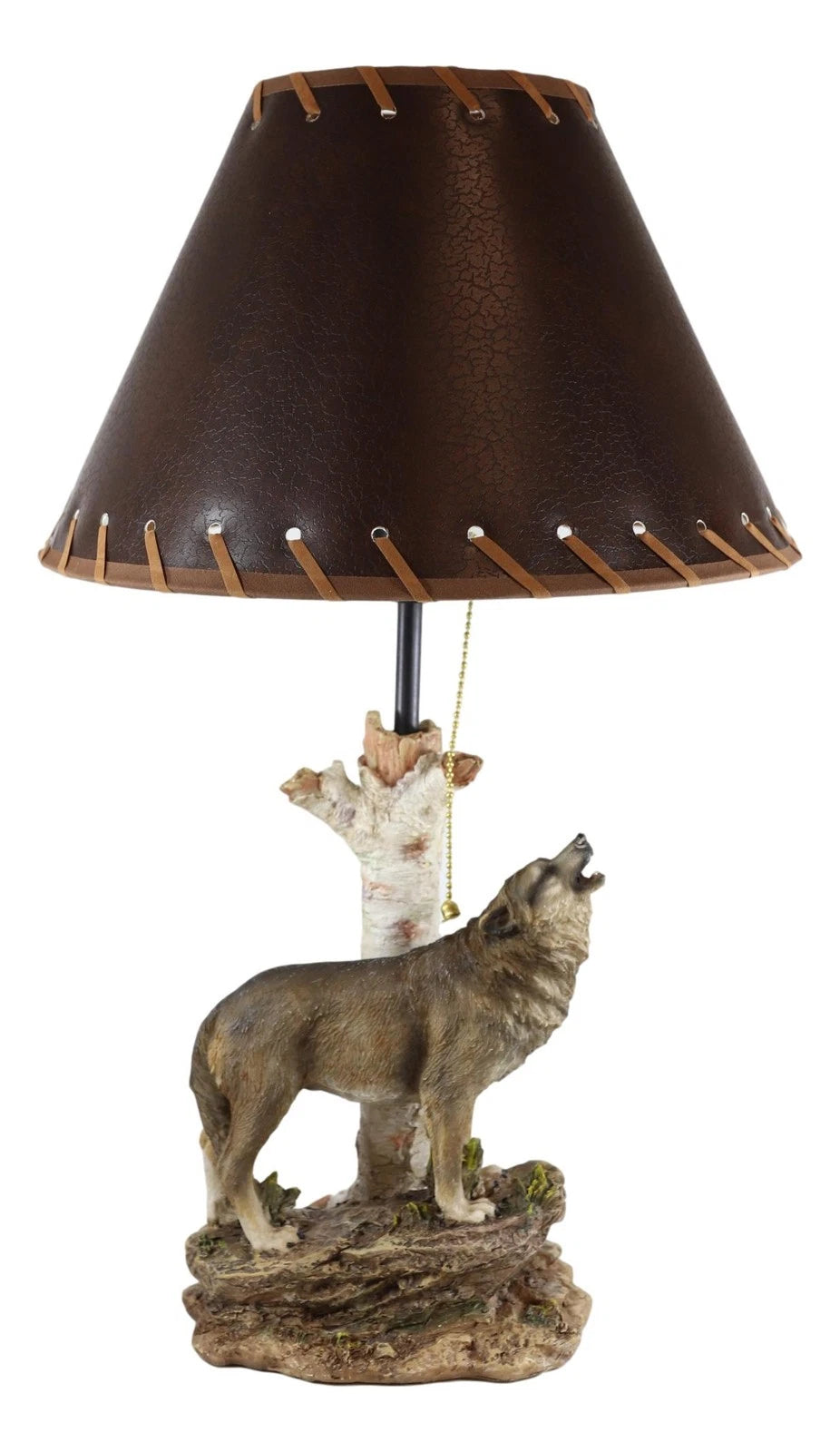 Rustic Wildlife Grey Wolf Howling By Birchwood Tree Table Lamp With Laced Shade-3
