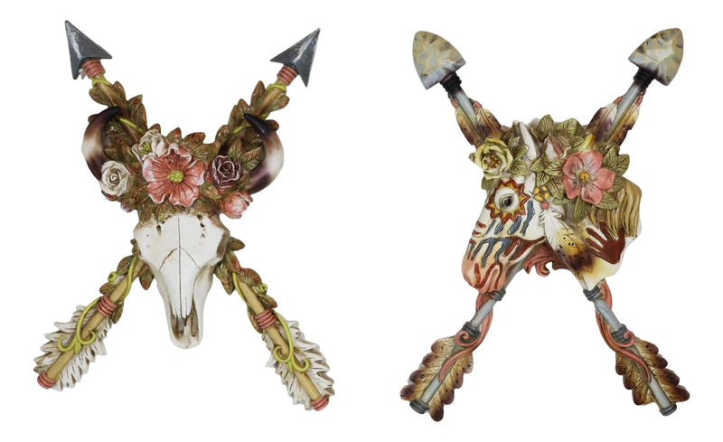 Set of 2 Western Floral Blooms Cow Skull & Horse With Crossed Arrows Wall Decor-3