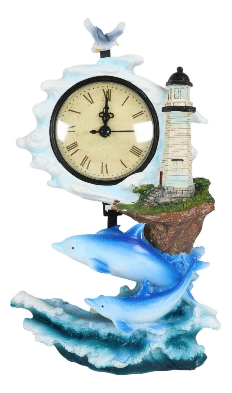 Nautical Marine Bottlenose Dolphins Family In Waves By Lighthouse Table Clock-4