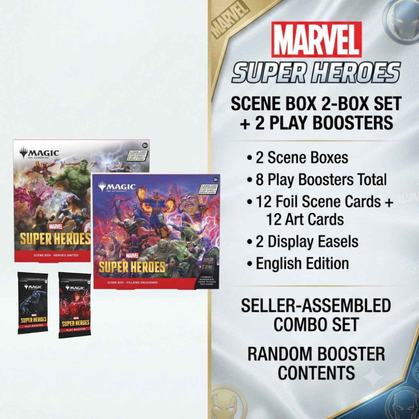 Magic: The Gathering Marvel Super Heroes Scene Box 2-Box Set + 2 Play Booster Packs English Edition, Heroes United & Villains Unleashed MTG Collectible Cards Display Gift