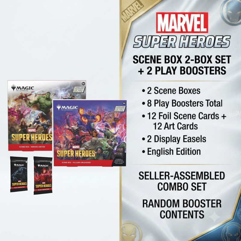 Magic: The Gathering Marvel Super Heroes Scene Box 2-Box Set + 2 Play Booster Packs English Edition, Heroes United & Villains Unleashed MTG Collectible Cards Display Gift-2