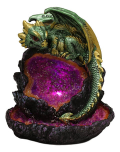 Wyrmling Dragon On Crystal Geode Rock Backflow Incense Burner Statue With LED-6