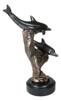Marine 2 Black Dolphins Swimming by Coral Reef Electroplated Bronze Figurine-4