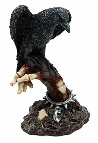 Gothic Raven Crow On Shackled Zombie Hand Emerging From Graveyard Statue Decor-1
