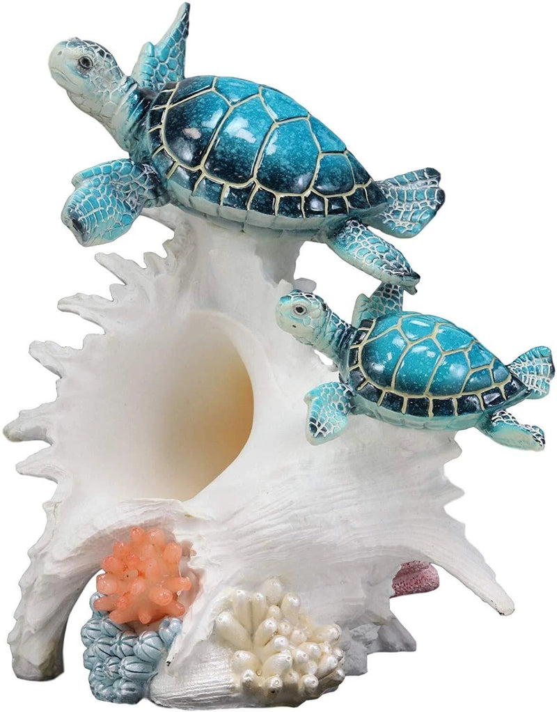 Colorful Nautical Sea Turtle Family Swimming By Big Conch With LED Light Statue-4