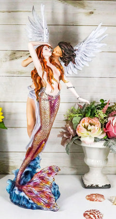 Large Goddess Mermaid Embracing With Heavenly Winged Angel By The Ocean Statue-1