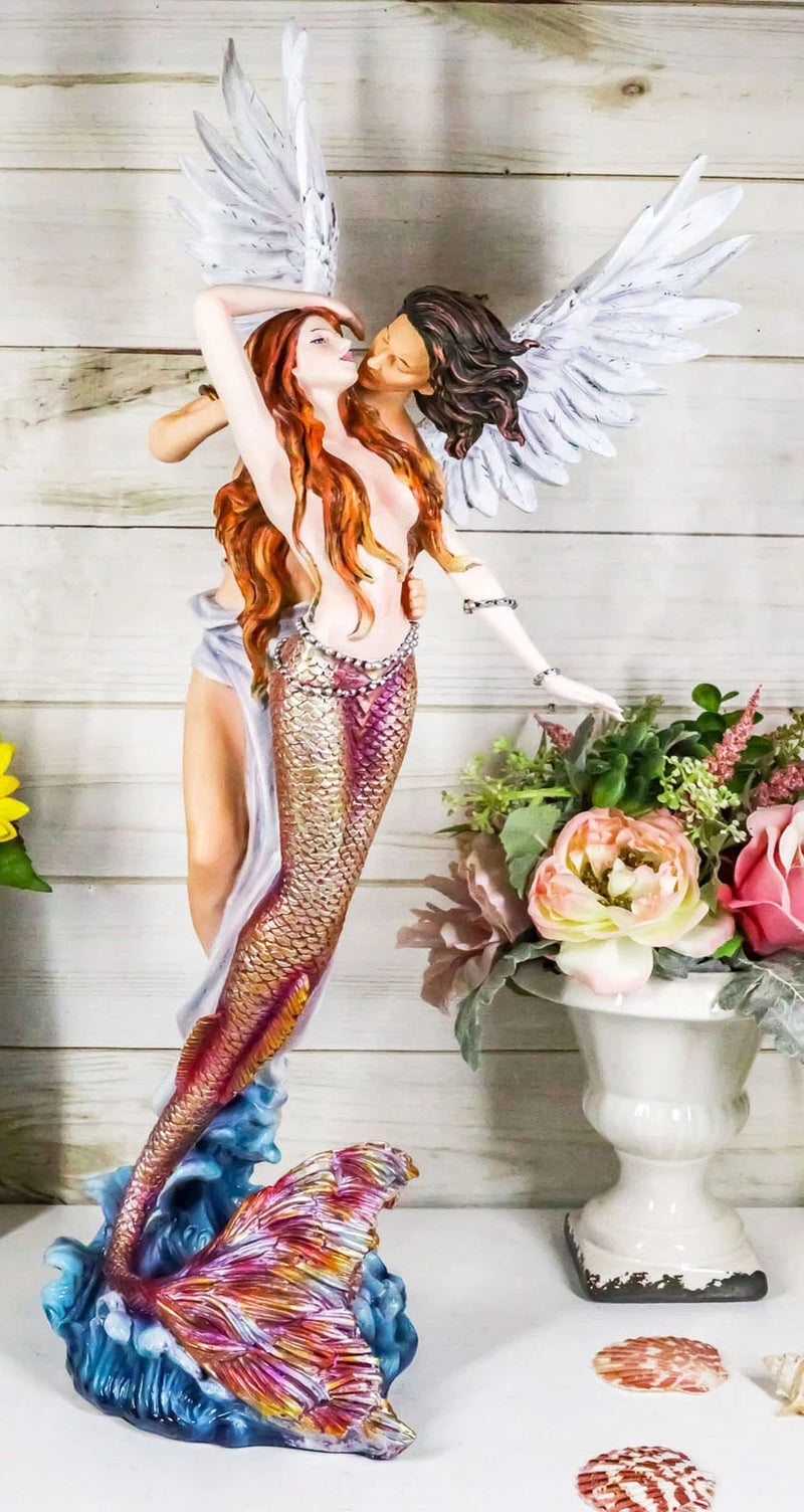 Large Goddess Mermaid Embracing With Heavenly Winged Angel By The Ocean Statue-1