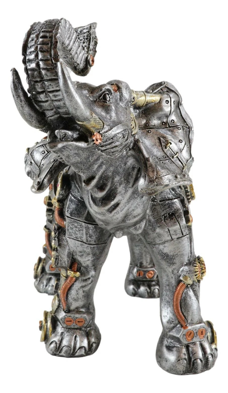 Steampunk Pressure Valve Geared Cyborg Elephant with Trunk Up Figurine-5