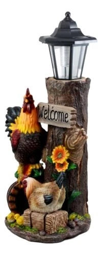 Country Farm Rooster Hen Chicks Family By Sunflowers Solar Light Lantern Statue-5