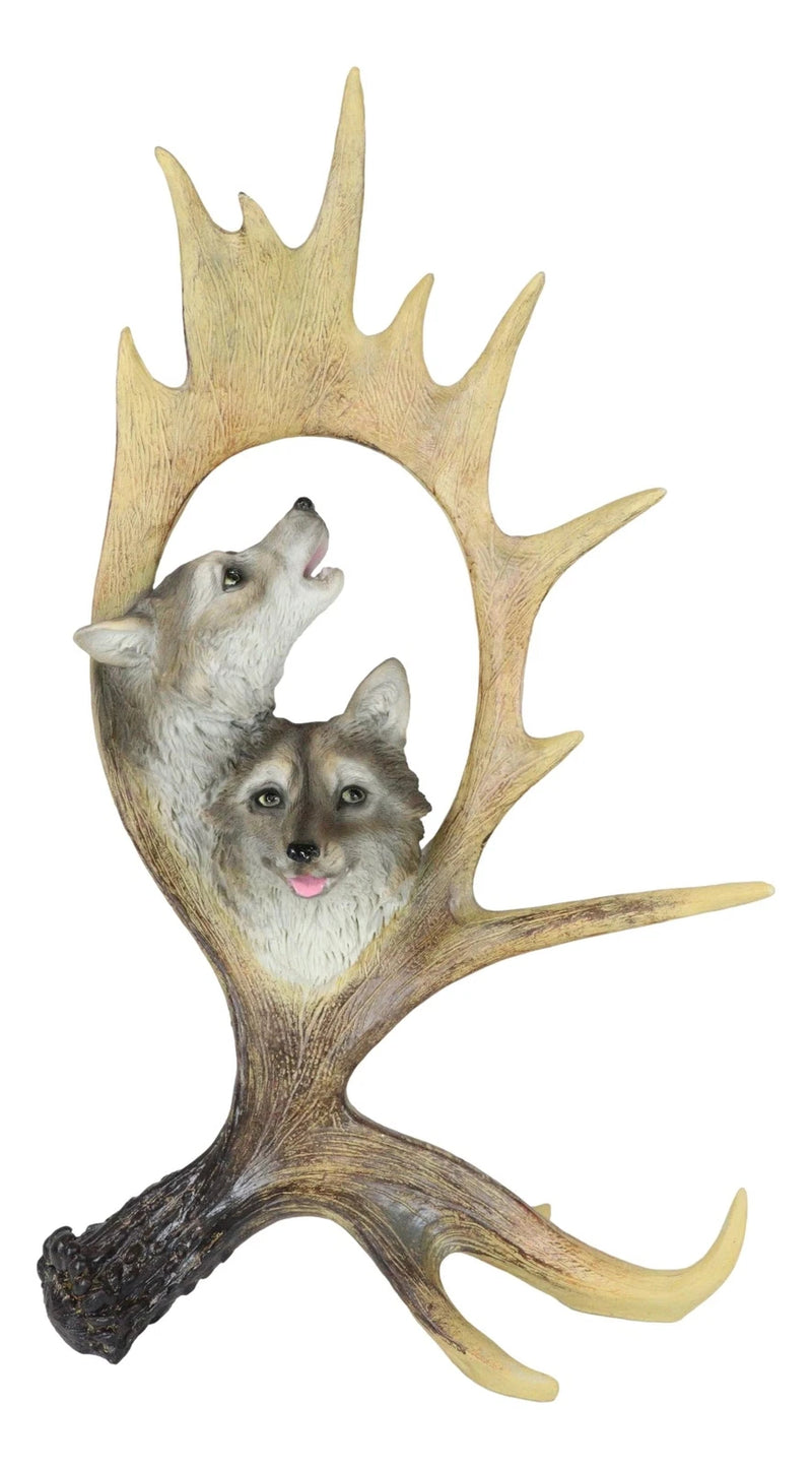 Rustic Western Emperor Moose Deer Antler With Howling Wolves Family Figurine-5