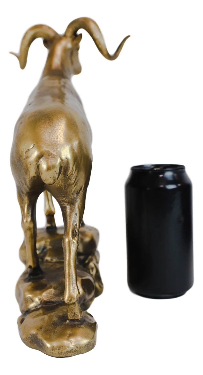 Large Country Wildlife Bighorn Sheep Ram Climbing On Rock Statue In Gold Patina-6