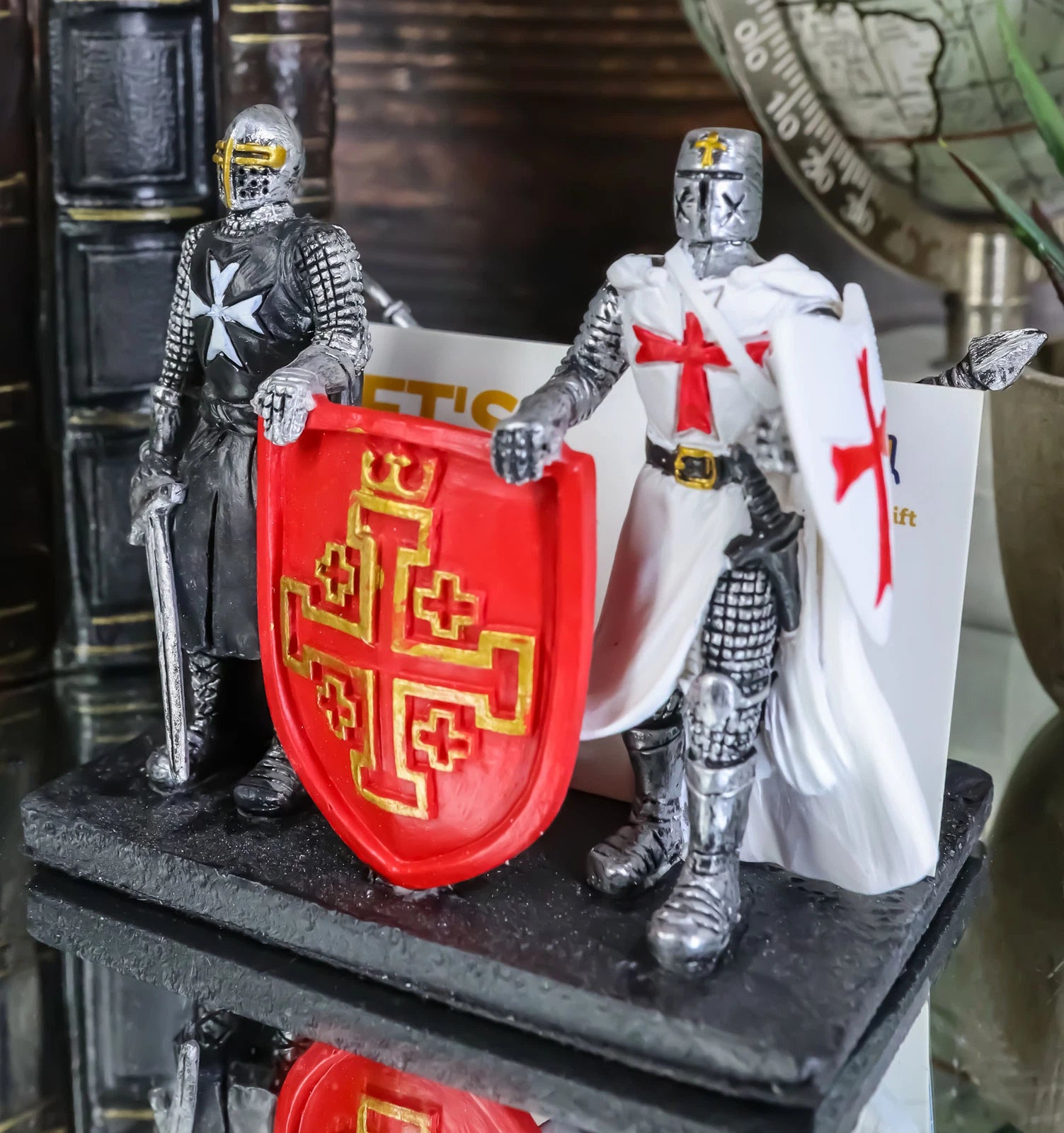 Medieval Black White Crusader Swordsman Knights Business Cards Holder Figurine-5