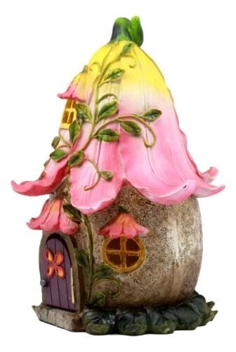 Mini Enchanted Fairy Garden Trumpet Lily Cottage Light Up House W/ Door Figurine-6