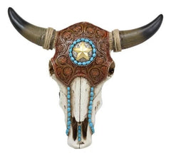 Western Star Tooled Leather Steer Bison Buffalo Bull Cow Horned Skull Wall Decor-8