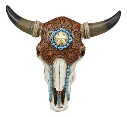 Western Star Tooled Leather Steer Bison Buffalo Bull Cow Horned Skull Wall Decor-8