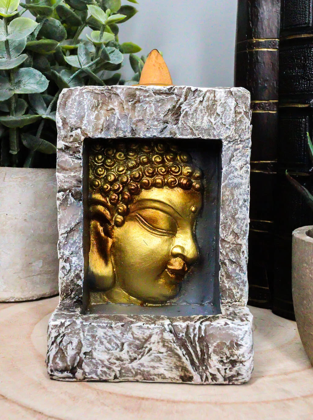 Gautama Buddha Face Faux Stone Mini Relief Bracket Backflow Incense Cone Burner-5