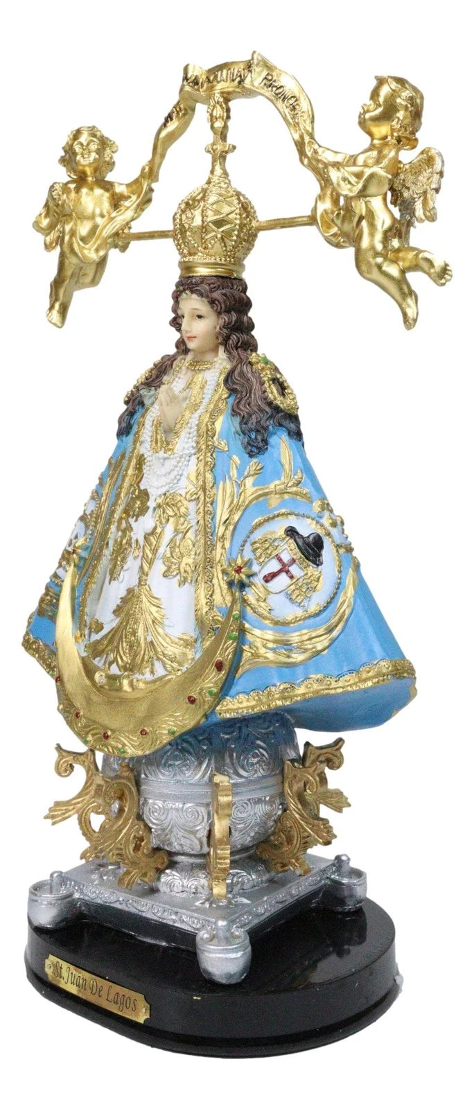 Figura de Nuestra Señora de San Juan de los Lagos con Corona Dorada y Ángeles, 12" de alto-4