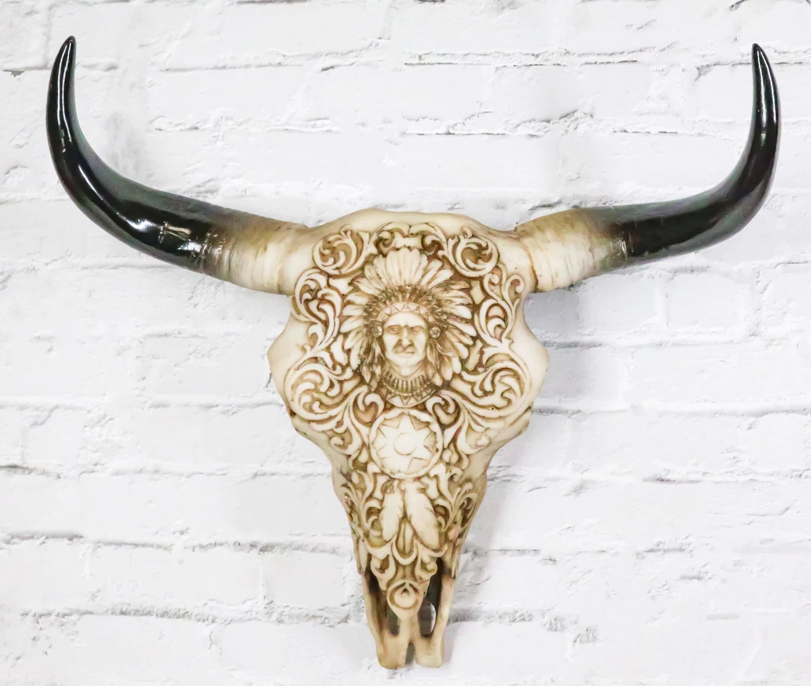 Southwestern Tribal Buffalo Skull Tribal Indian Chief Scrollwork Wall Decor