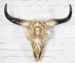 Southwestern Tribal Buffalo Skull Tribal Indian Chief Scrollwork Wall Decor-1