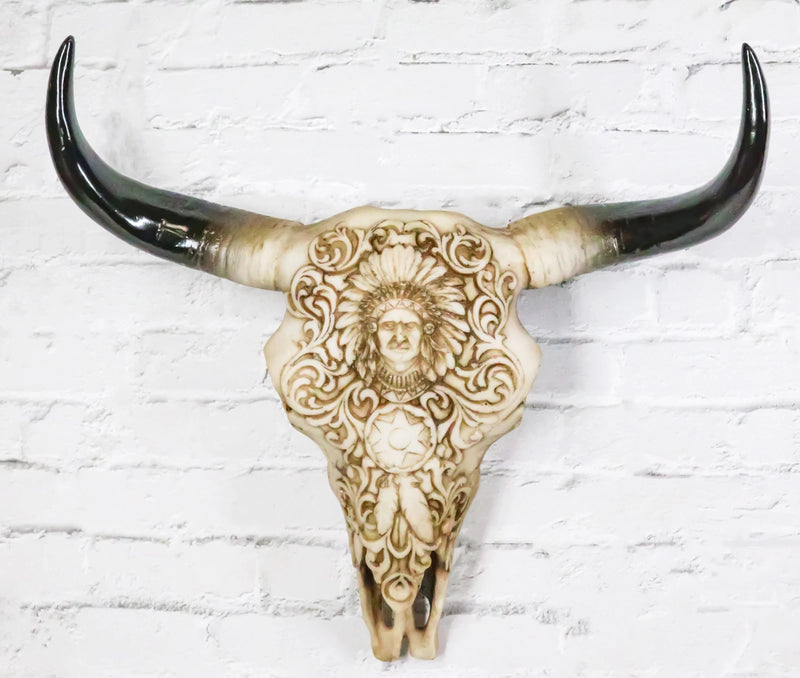 Southwestern Tribal Buffalo Skull Tribal Indian Chief Scrollwork Wall Decor-1
